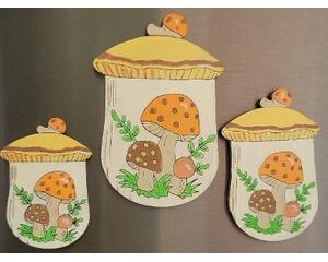 3 wooden magnets hand painted laser cut wood made to look like the 1970s Merry Mushroom canister set